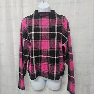 Nicole Miller Sweater Plaid Pink Black Mock Neck Preppy L
